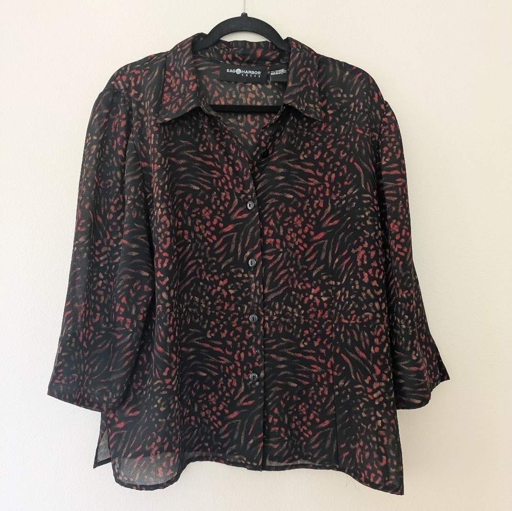 Vintage Sag Harbor Multicolored Cheetah/Animal print Sheer Collared Blouse sz 16